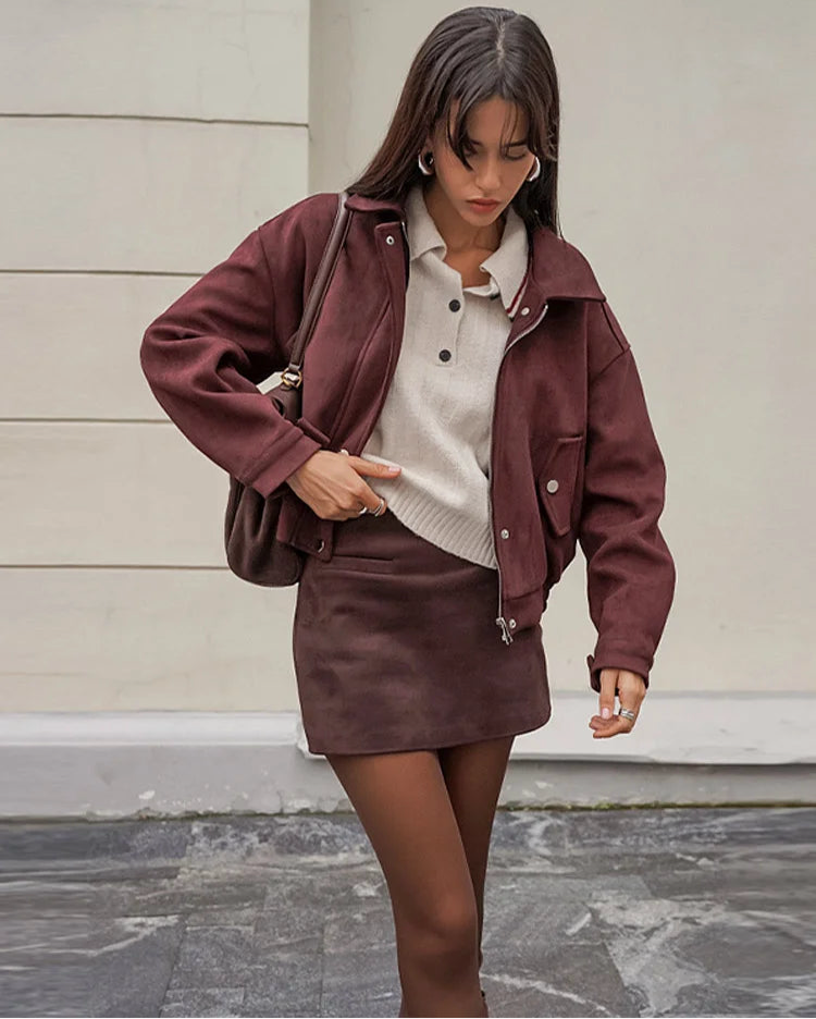 The Bordeaux Luxe Suede Jacket & Skirt